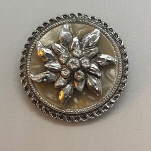 Vintage West Germany Edelweiss Scarf Clip Mother of Pearl Silver Tone Floral